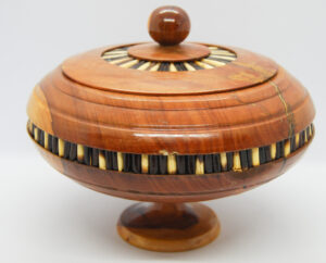 Vintage Handcrafted Timber Bowl lidded & inlayed with porcupine quills