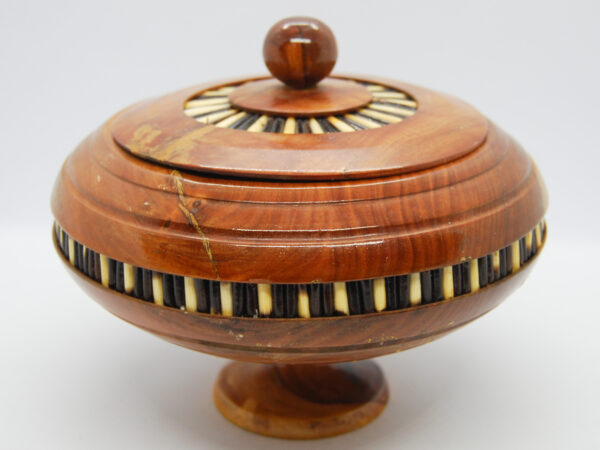 vintage handmade timber lidded bowl inlayed with porcupine quills